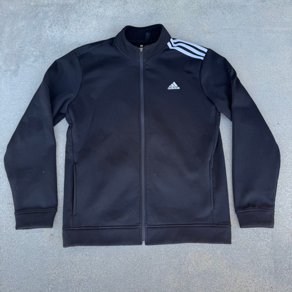 Adidas‎ Golf Mens Large Black Full Zip Track Jacket Fleece Lined 3 Stripe